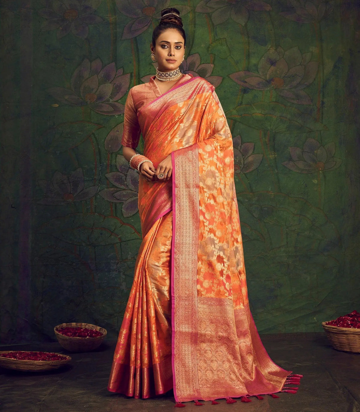 Rangkart Vol. 2 Jaal Organza Contrast Woven Saree Orange - Colorful Saree