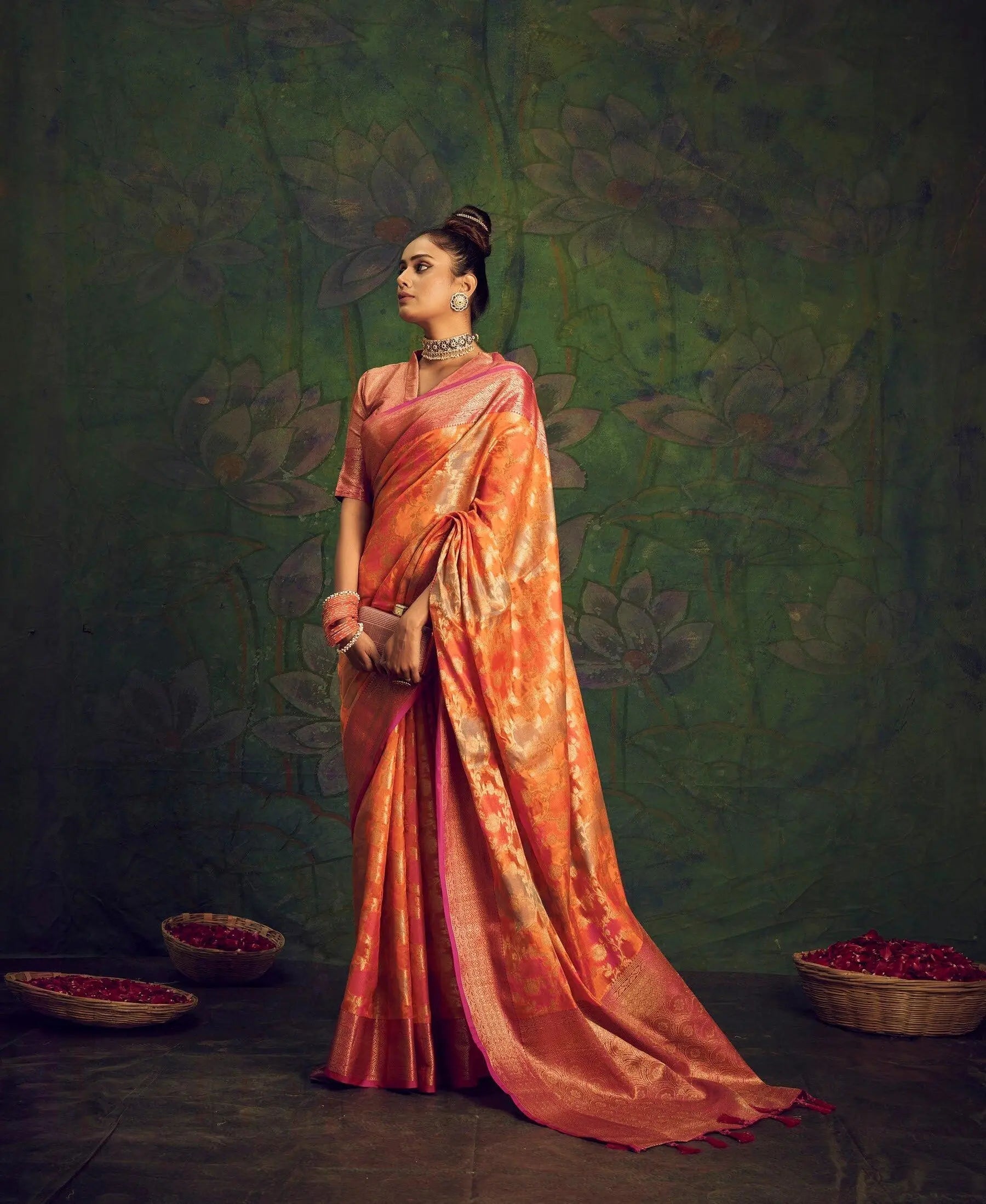 Rangkart Vol. 2 Jaal Organza Contrast Woven Saree Orange - Colorful Saree