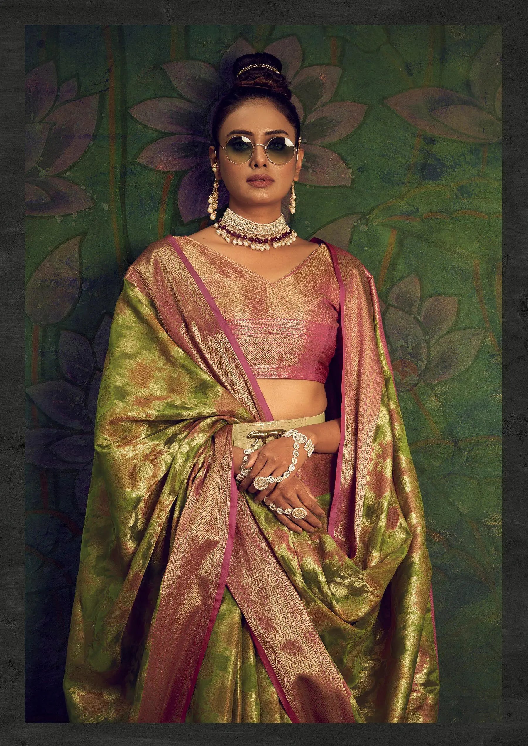 Rangkart Vol. 2 Jaal Organza Contrast Woven Saree Pista Green - Colorful Saree