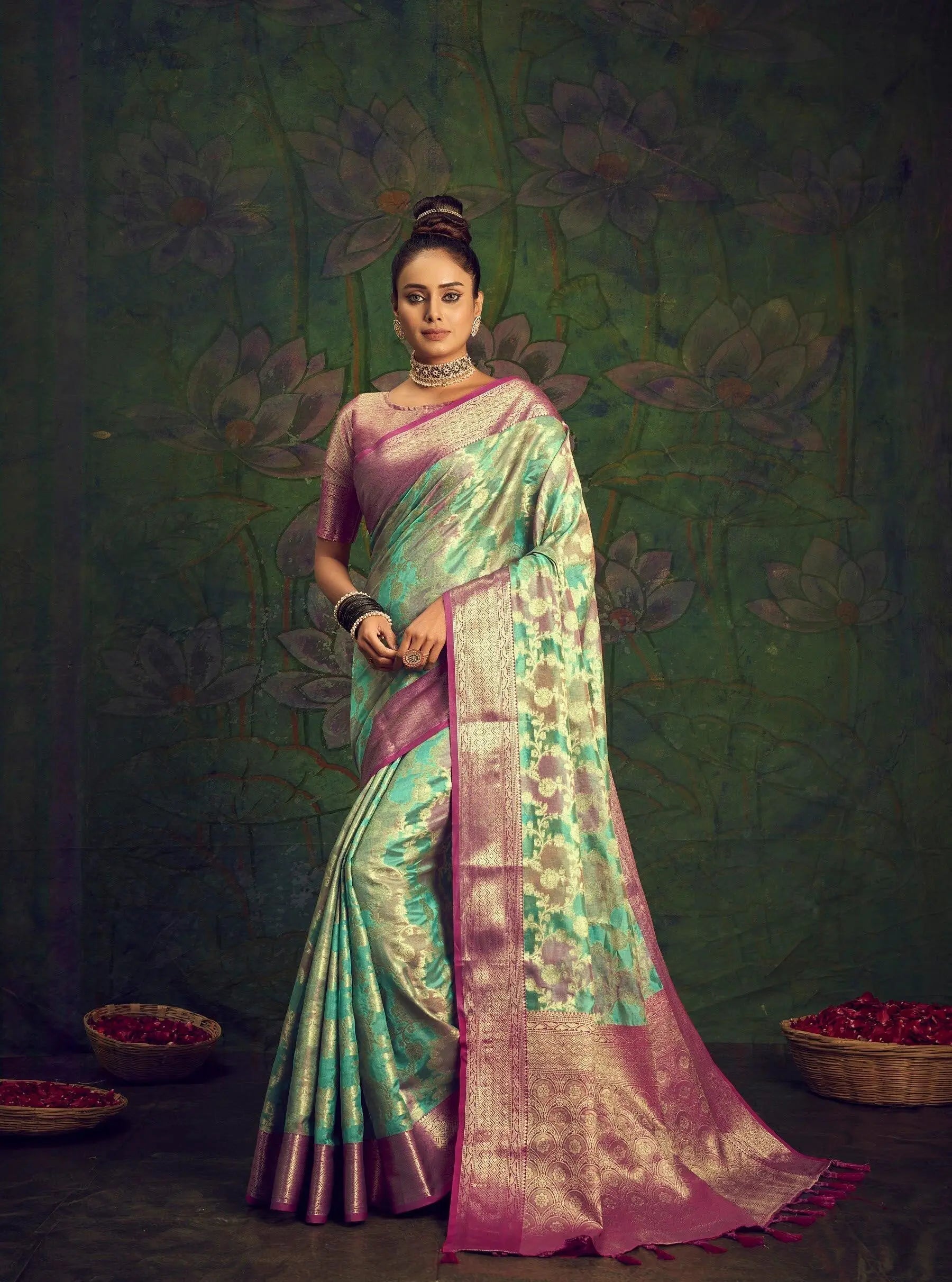 Rangkart Vol. 2 Jaal Organza Contrast Woven Saree Sky Blue - Colorful Saree