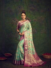 Rangkart Vol. 2 Jaal Organza Contrast Woven Saree Sky Blue - Colorful Saree