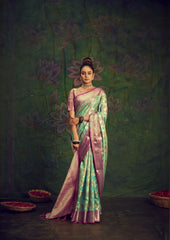 Rangkart Vol. 2 Jaal Organza Contrast Woven Saree Sky Blue - Colorful Saree