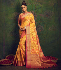 Rangkart Vol. 2 Jaal Organza Contrast Woven Saree Yellow Gold - Colorful Saree