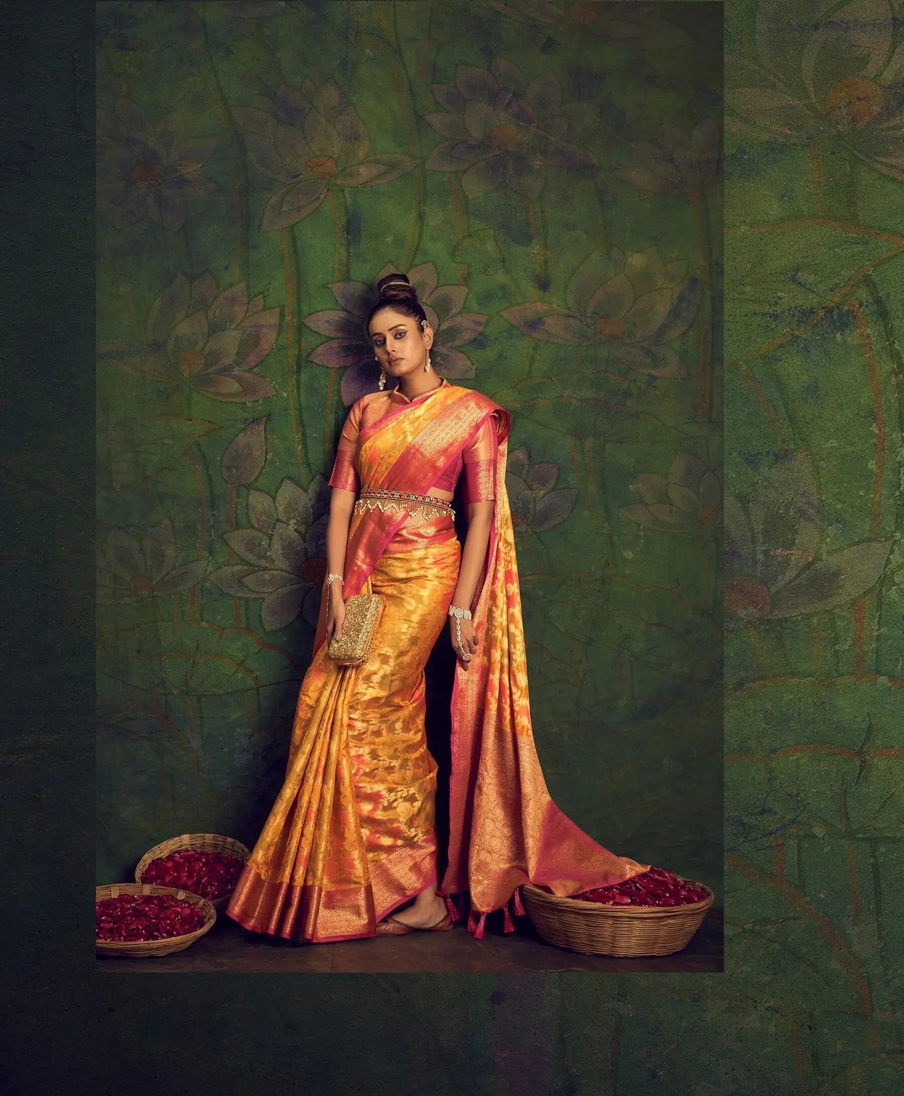 Rangkart Vol. 2 Jaal Organza Contrast Woven Saree Yellow Gold - Colorful Saree