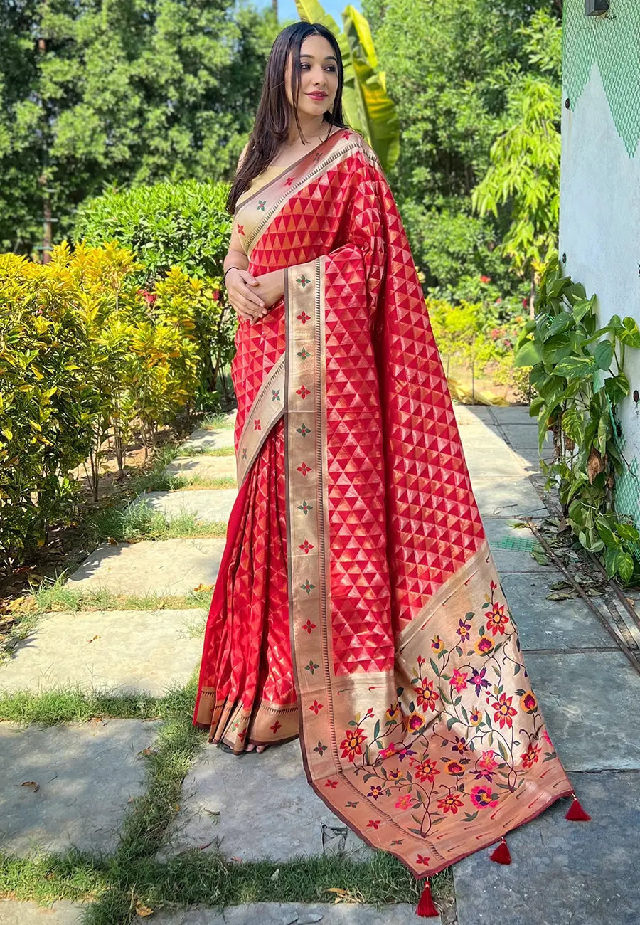Red Banarasi Paithani Silk Woven Saree - Colorful Saree