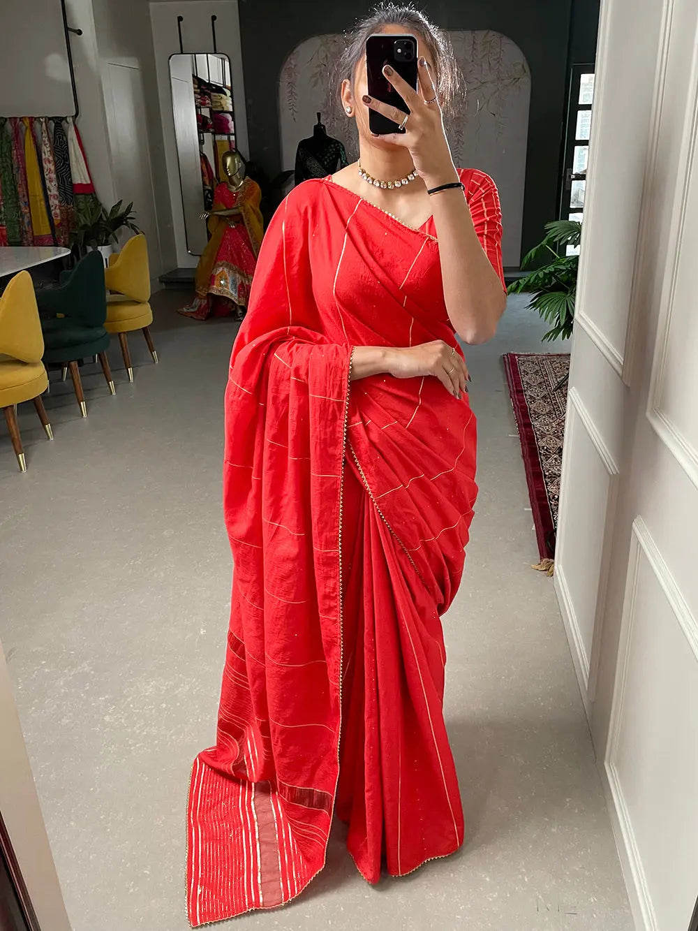 Red Color Sequins And Zari Work Viscose Chanderi Saree - Colorful Saree