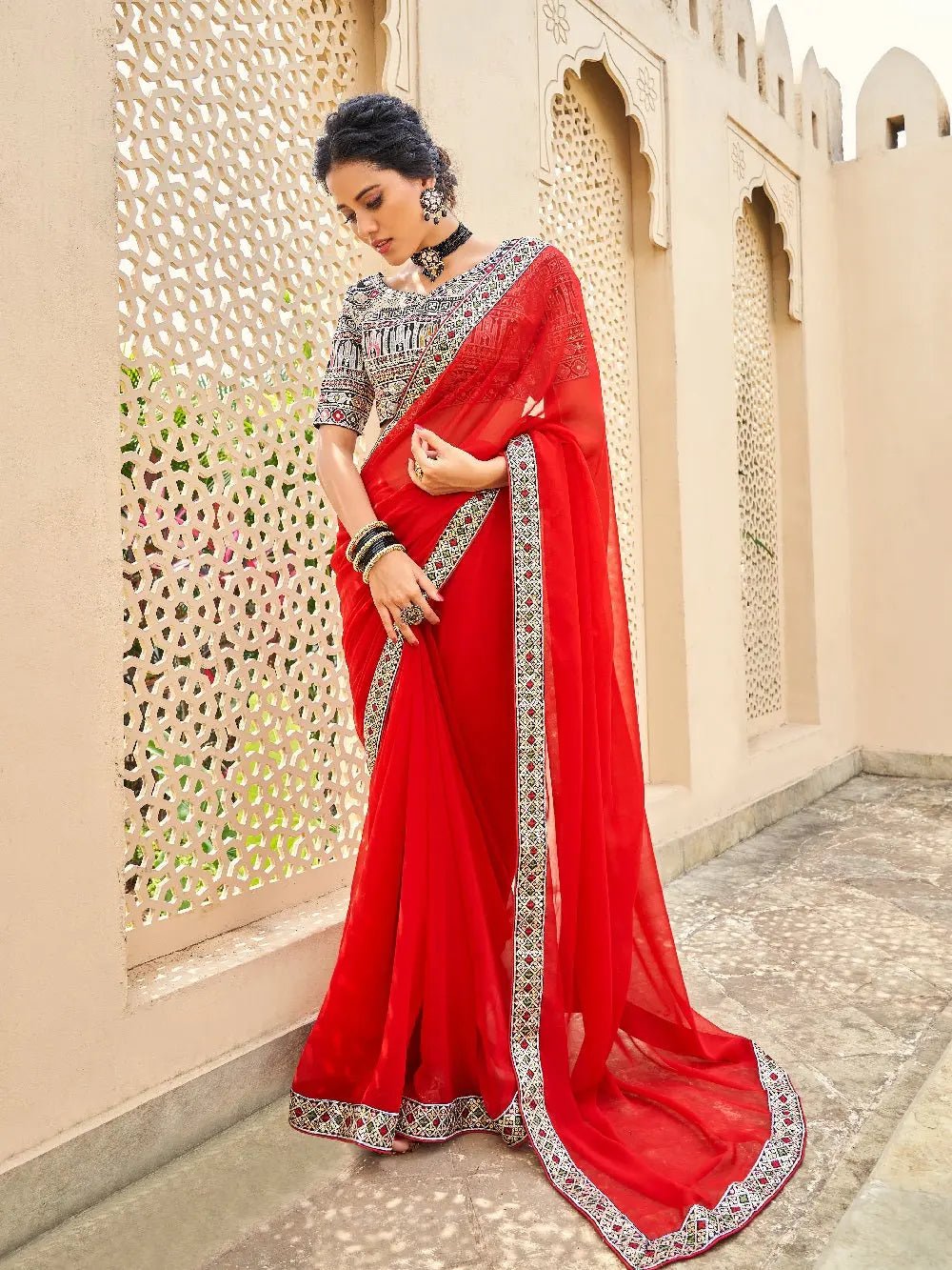 Red Color Thread And Sequins Embroidery Border Georgette Saree - Colorful Saree