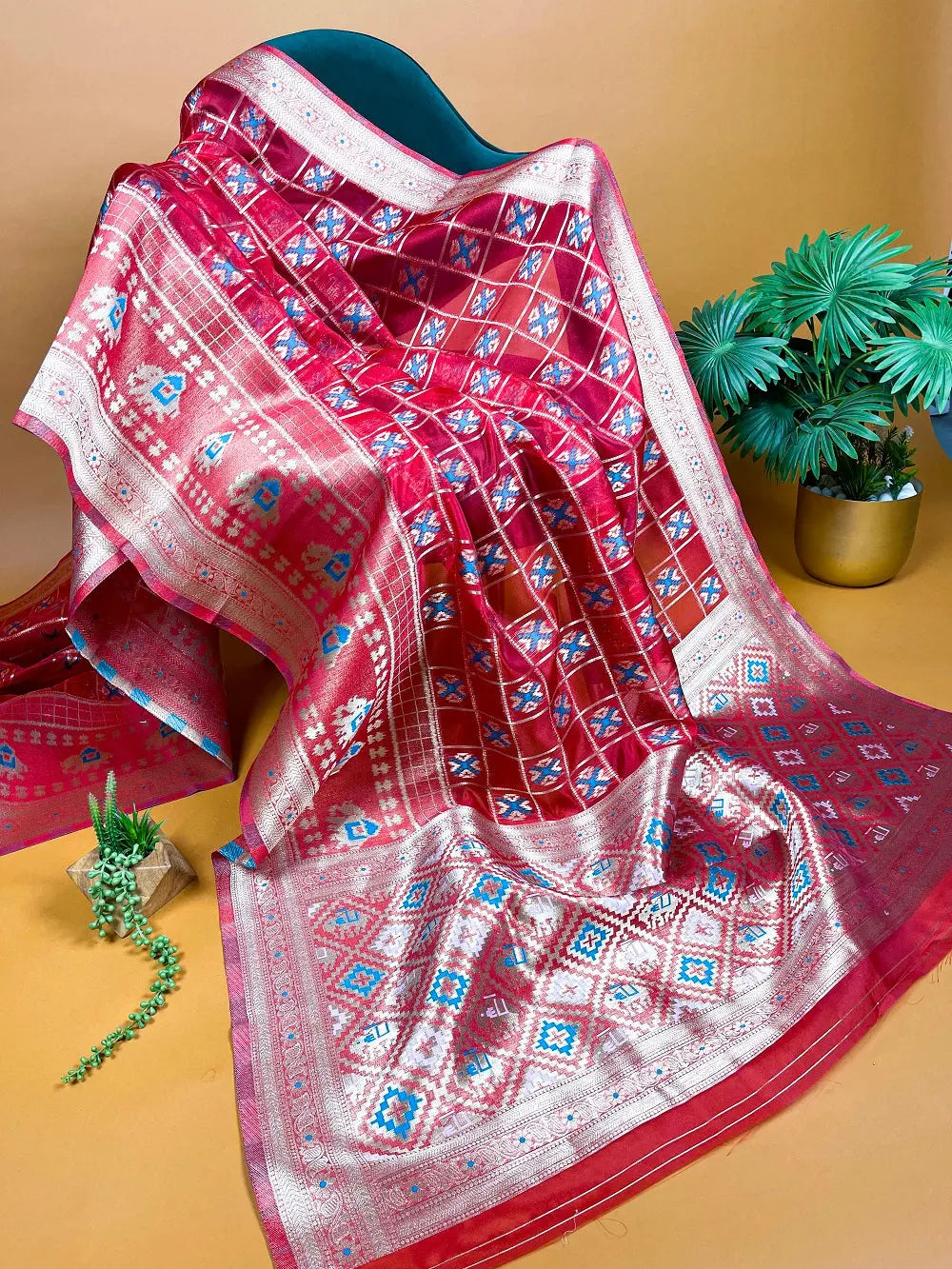 Red Color Weaving Work Organza Saree - Colorful Saree