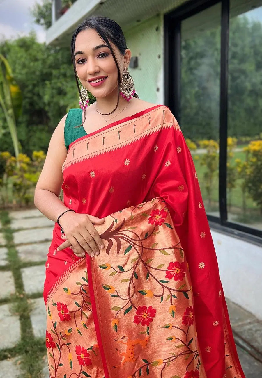 Red Gayatri Paithani Big Border Woven Saree - Colorful Saree