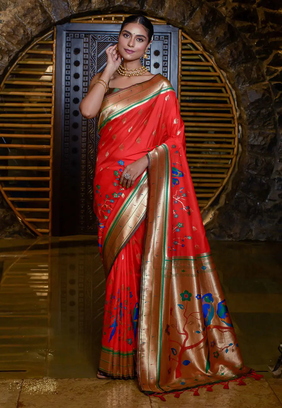 Red Mayuri Banarasi Paithani Silk Woven Saree - Colorful Saree