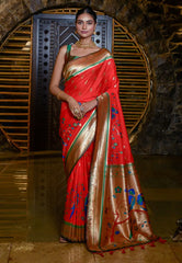 Red Mayuri Banarasi Paithani Silk Woven Saree - Colorful Saree