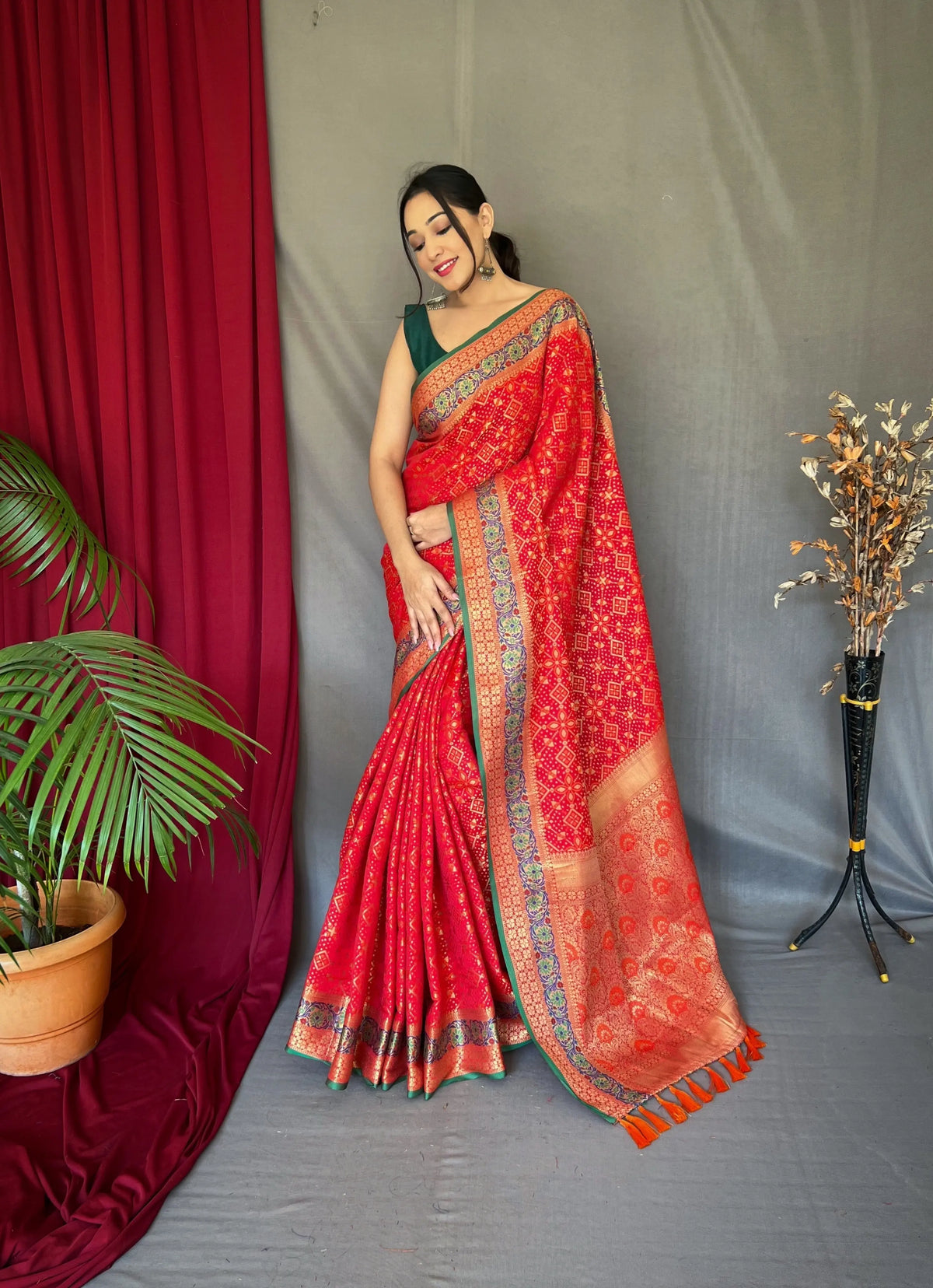 Red Saree in Bandhej Patola Silk - Colorful Saree