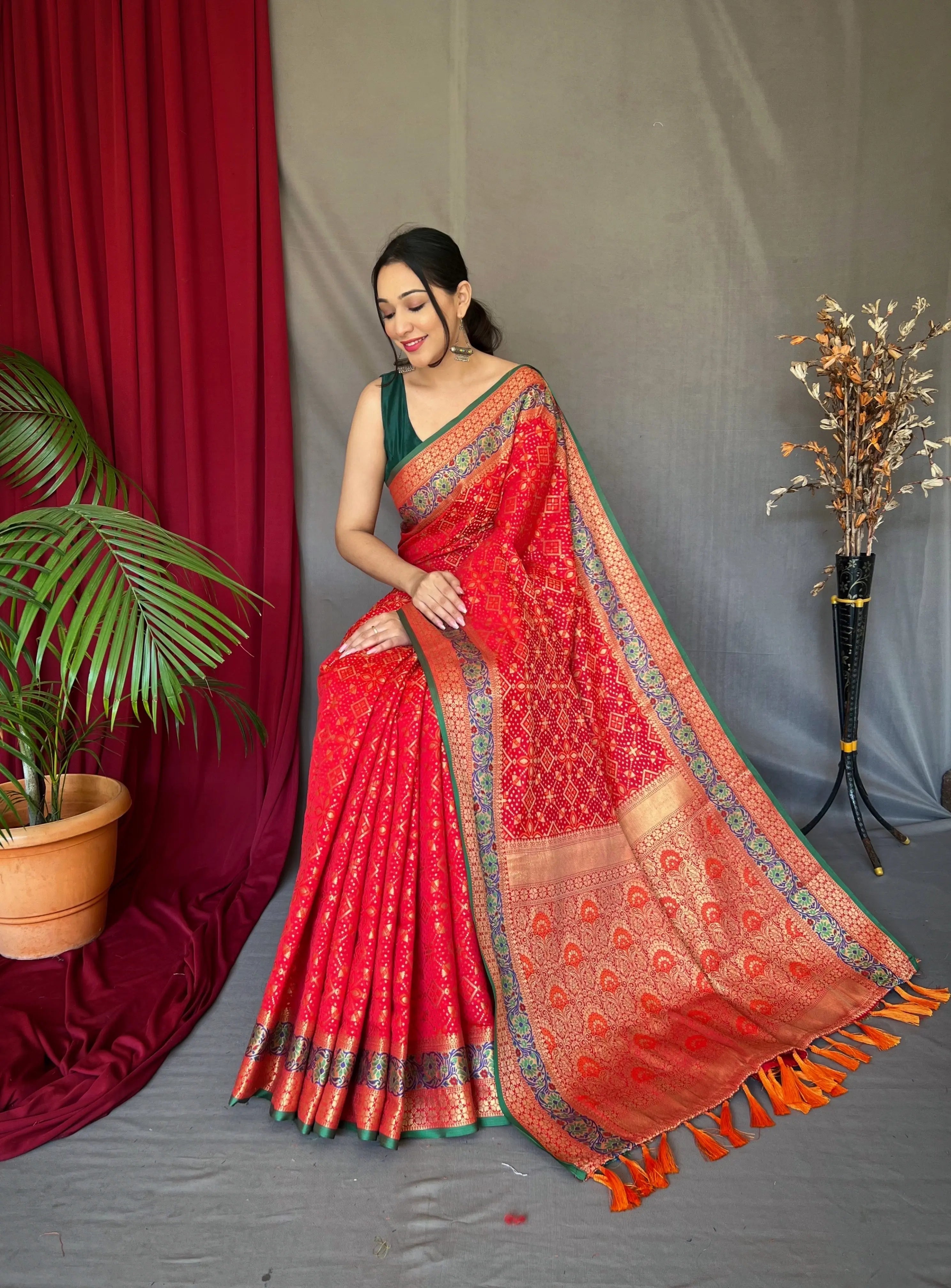 Red Saree in Bandhej Patola Silk - Colorful Saree