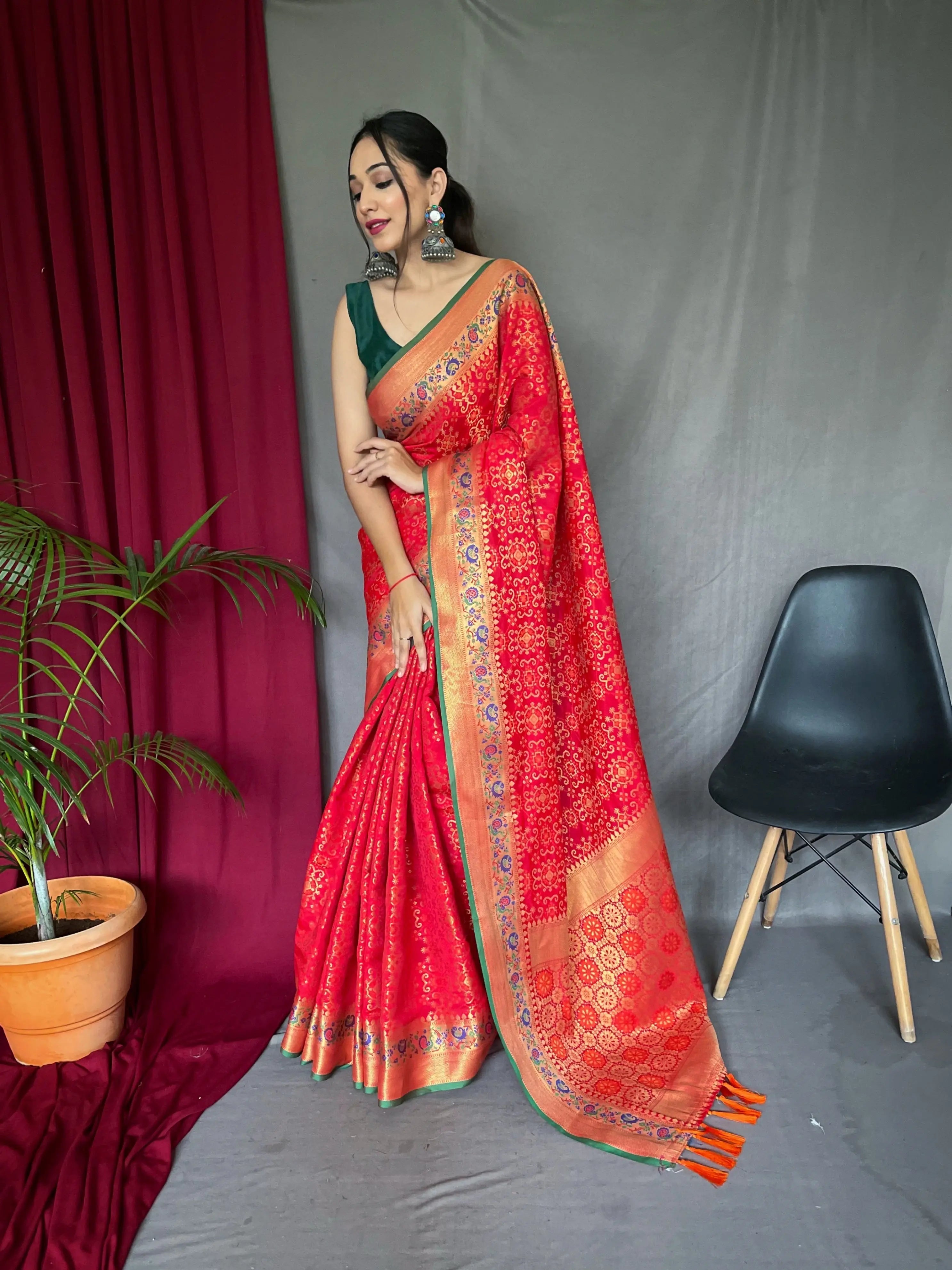 Red Saree in Bandhej Patola Silk - Colorful Saree
