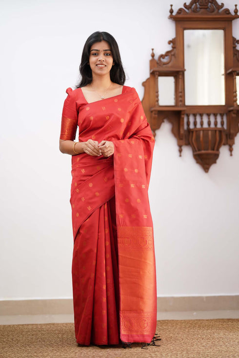 Banarasi Soft Silk Red Saree with Exquisite Copper Zari Weaving Colorful Saree