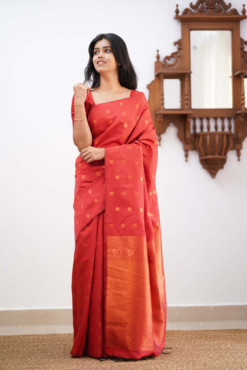 Banarasi Soft Silk Red Saree with Exquisite Copper Zari Weaving Colorful Saree