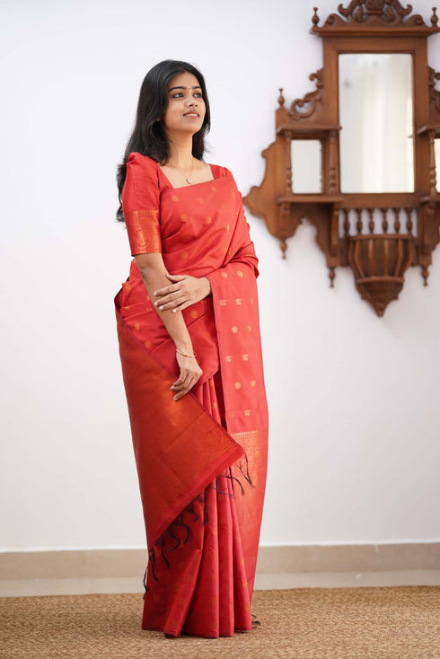 Banarasi Soft Silk Red Saree with Exquisite Copper Zari Weaving Colorful Saree