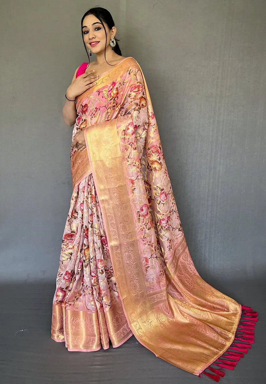 Rose Pink Banarasi Kora Organza Anokhi Digital Vol. 3 Printed Woven Saree - Colorful Saree