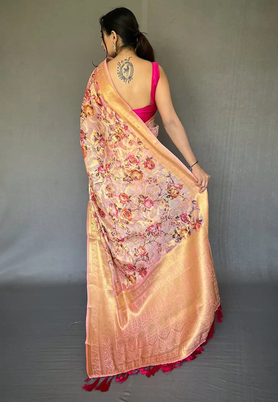 Rose Pink Banarasi Kora Organza Anokhi Digital Vol. 3 Printed Woven Saree - Colorful Saree