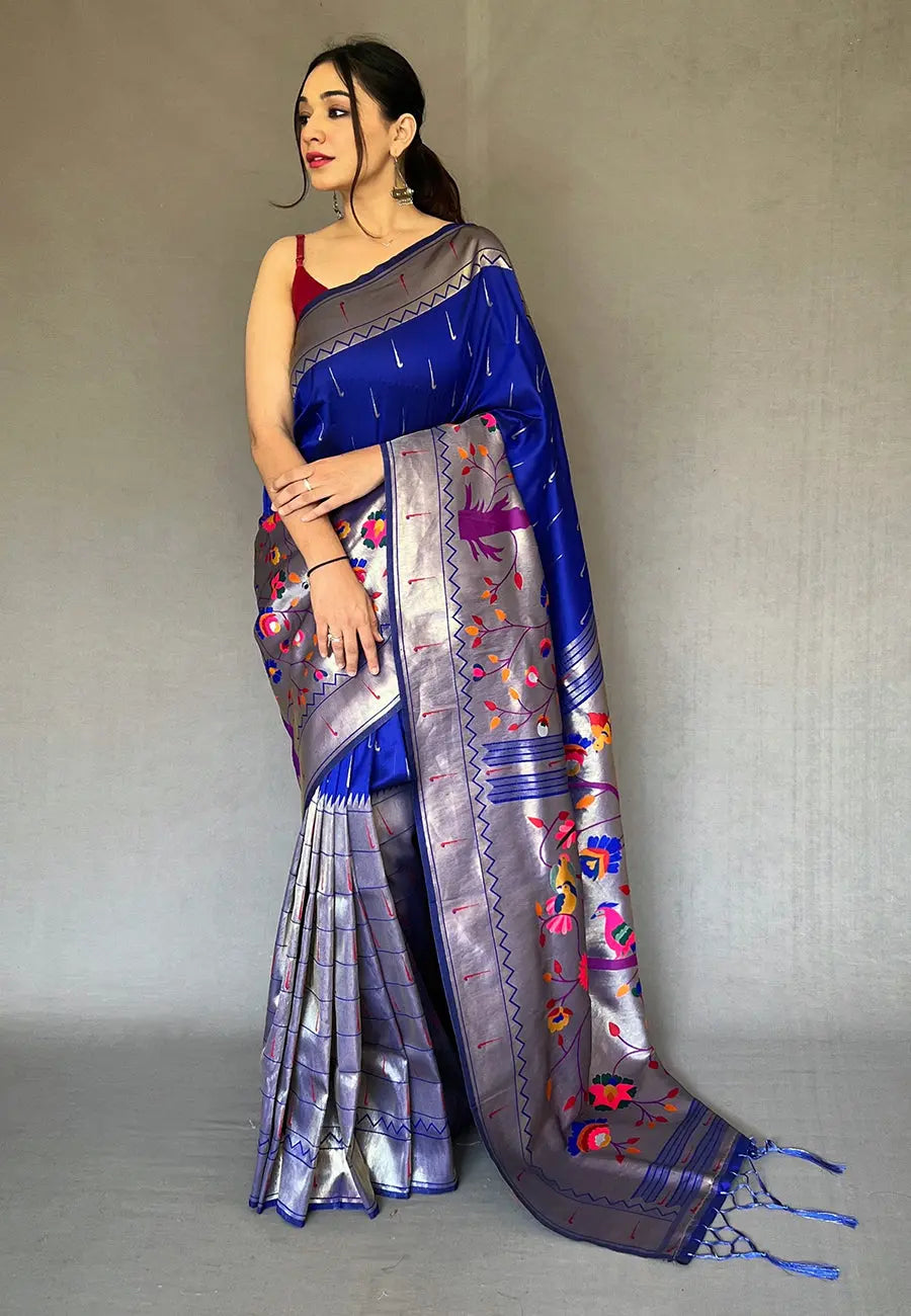 Royal Blue Paithani Big Border Zari Woven Saree - Colorful Saree