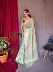 Saanvi Cotton Rose Gold Woven Saree Pastel Green - Colorful Saree