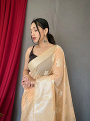 Saanvi Cotton Rose Gold Woven Saree Peach - Colorful Saree