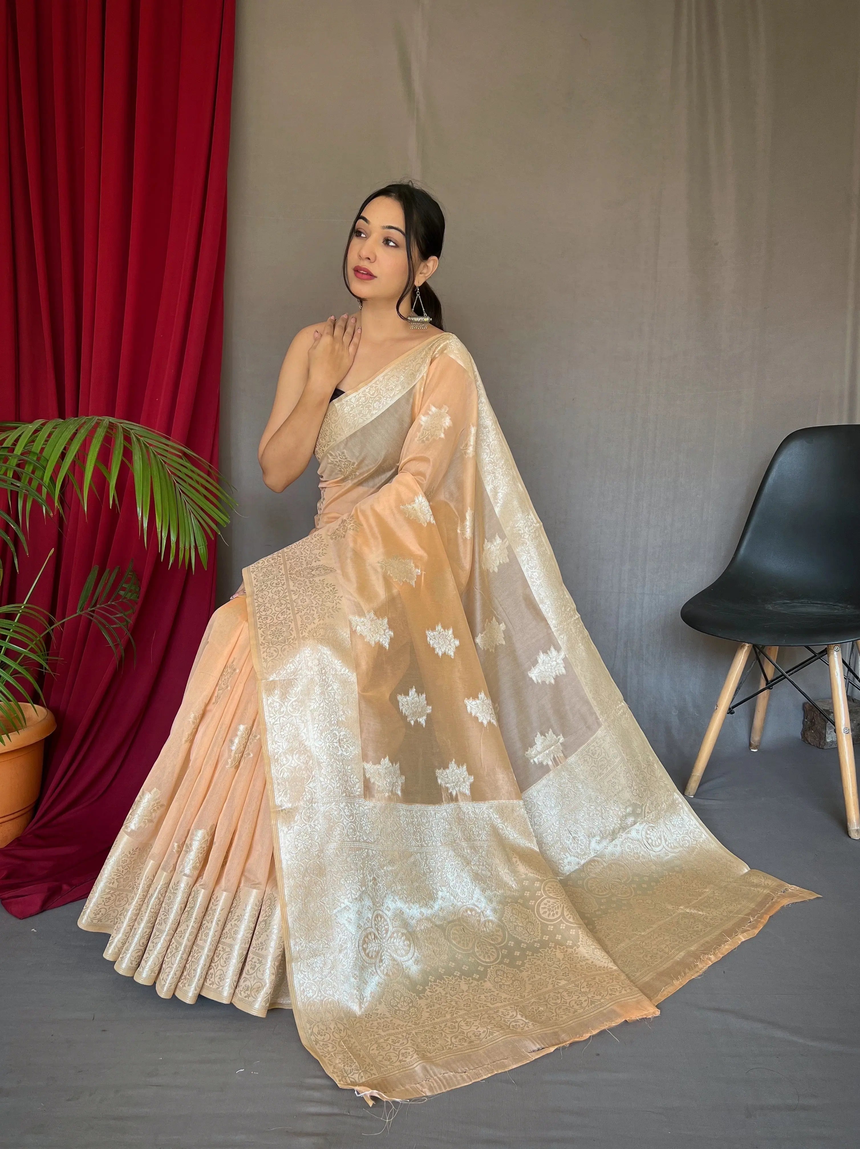 Saanvi Cotton Rose Gold Woven Saree Peach - Colorful Saree