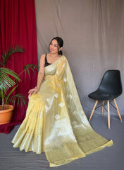 Saanvi Cotton Rose Gold Woven Saree Yellow - Colorful Saree