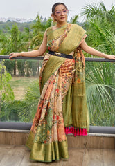 Salmon Peach Kora Muslin Silk Floral Printed Zari Woven Saree - Colorful Saree