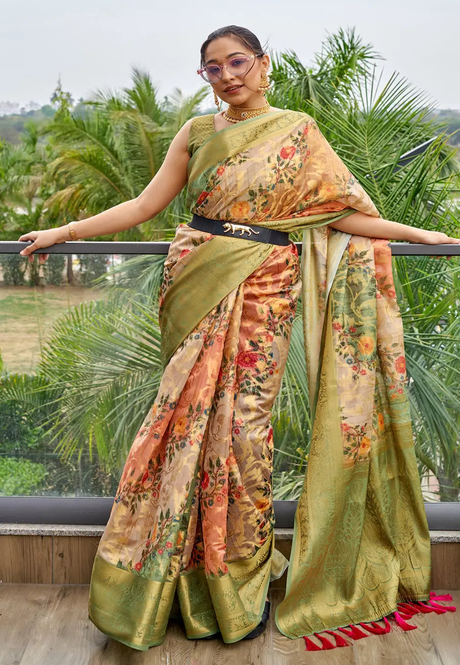 Salmon Peach Kora Muslin Silk Floral Printed Zari Woven Saree - Colorful Saree