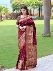 Sangam Soft Silk Saree Three Colored Zari Woven Saree Brown - Colorful Saree