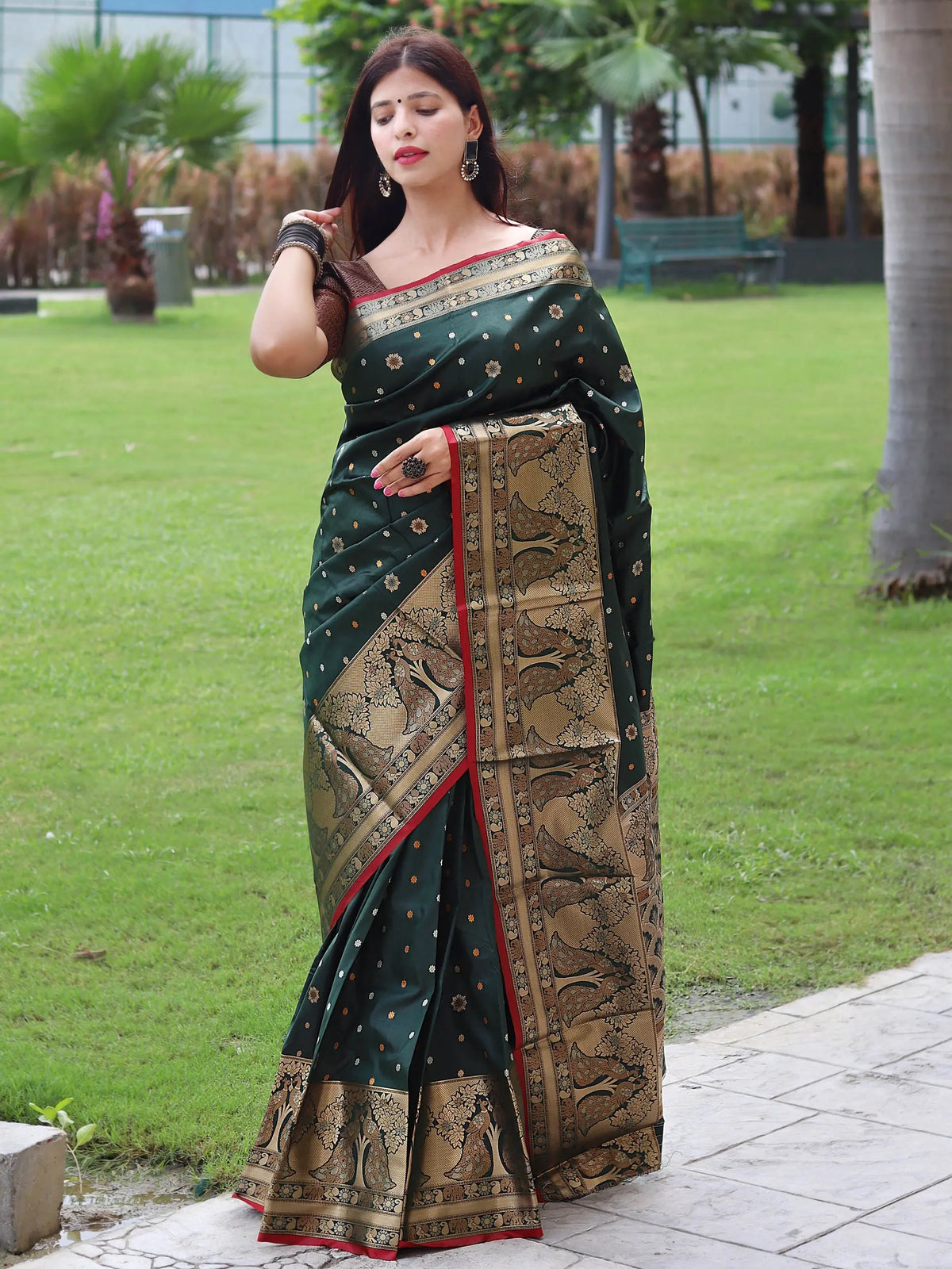 Sangam Soft Silk Saree Three Colored Zari Woven Saree Dark Green - Colorful Saree