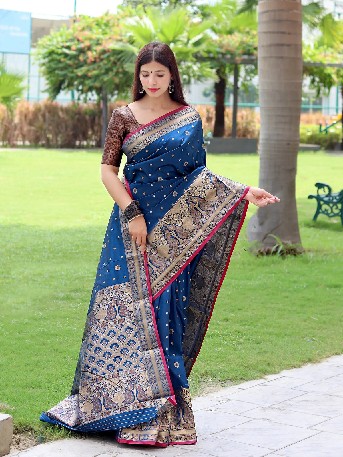 Sangam Soft Silk Saree Three Colored Zari Woven Saree Dusk Blue - Colorful Saree