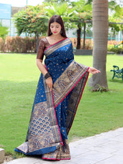 Sangam Soft Silk Saree Three Colored Zari Woven Saree Dusk Blue - Colorful Saree