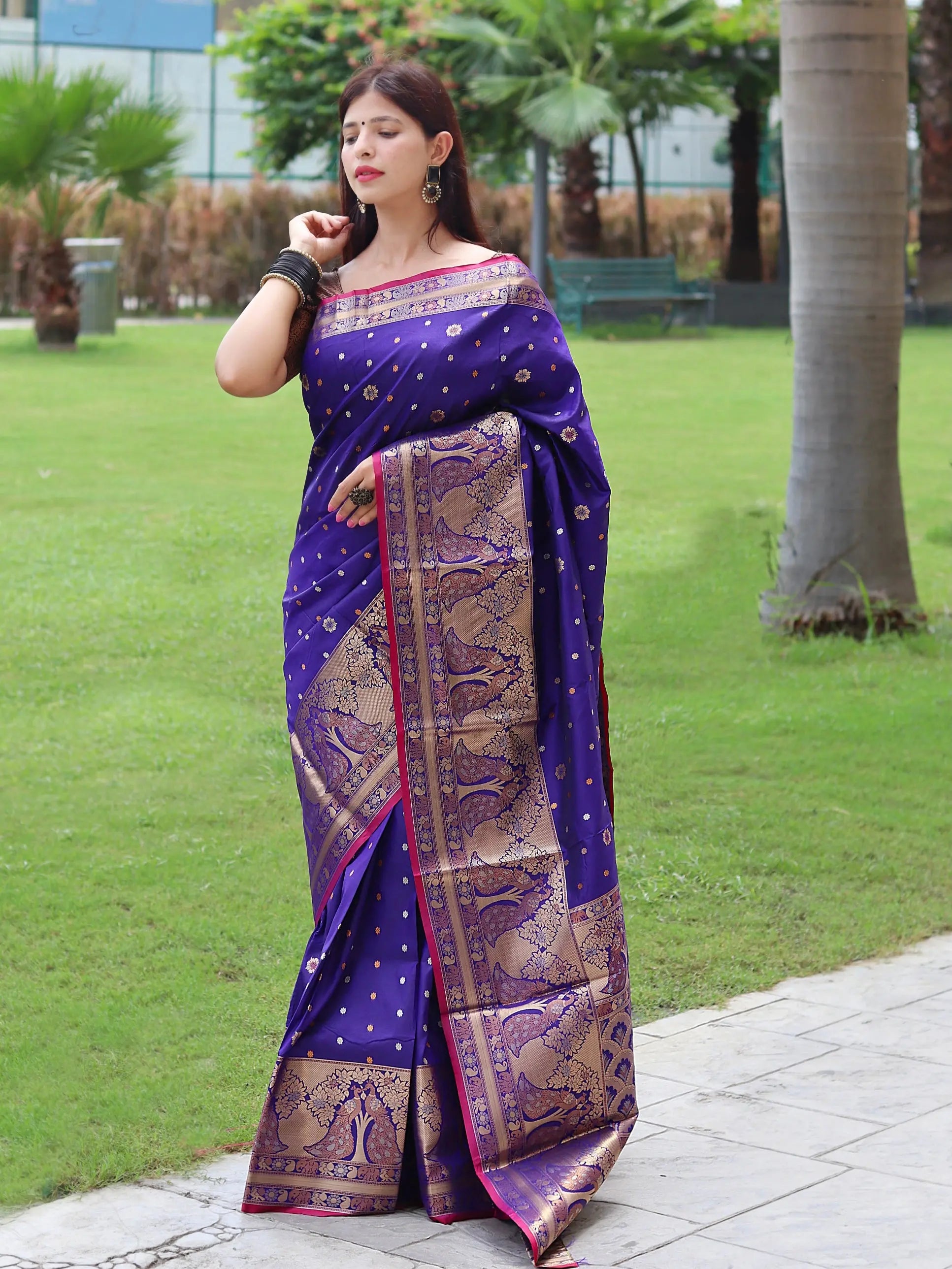 Sangam Soft Silk Saree Three Colored Zari Woven Saree Violet Blue - Colorful Saree