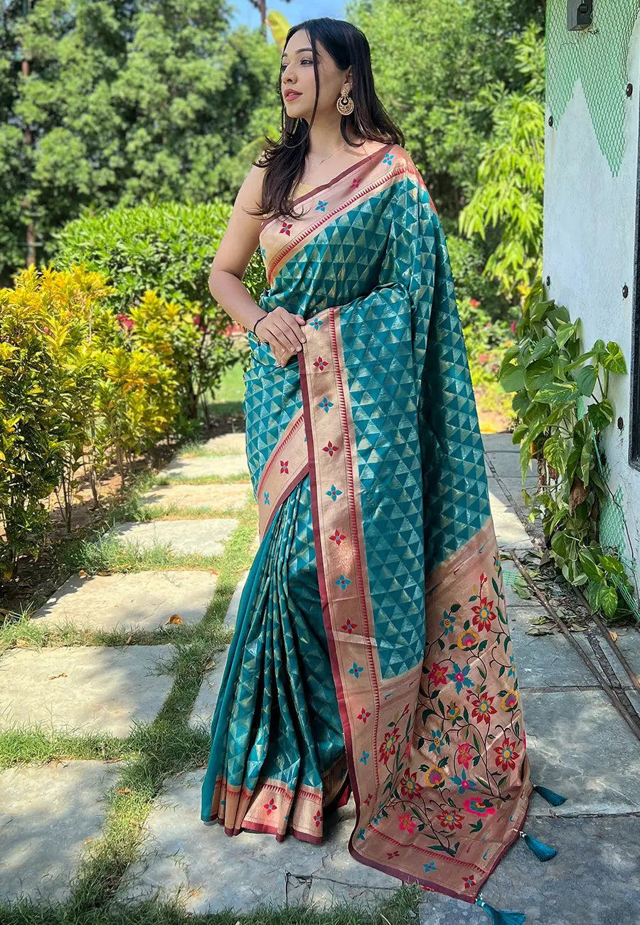 Sea Green Banarasi Paithani Silk Woven Saree - Colorful Saree