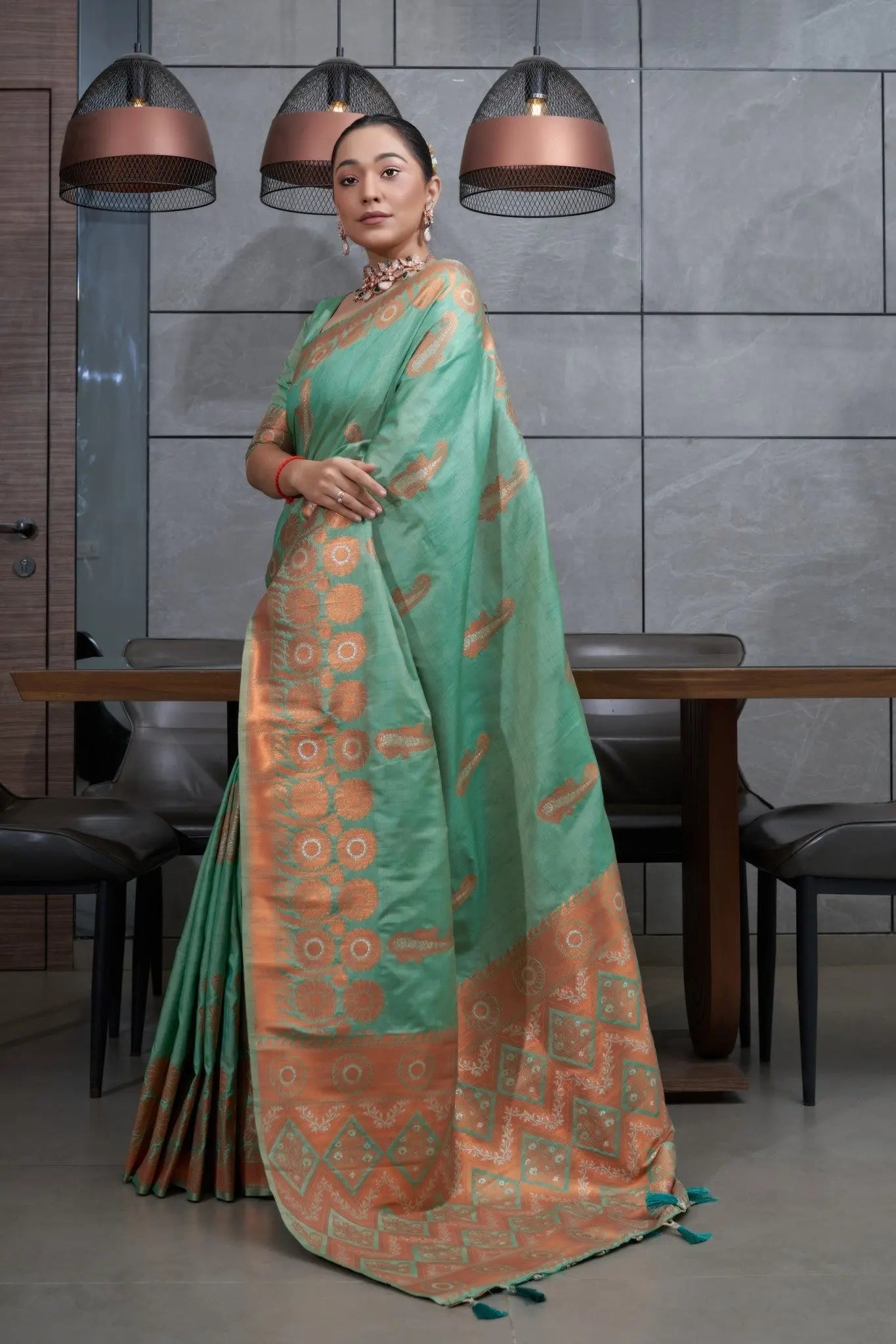 Sea Green Devika Tussar Silk Copper Zari Woven Saree - Colorful Saree