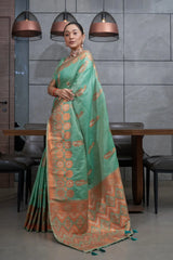 Sea Green Devika Tussar Silk Copper Zari Woven Saree - Colorful Saree