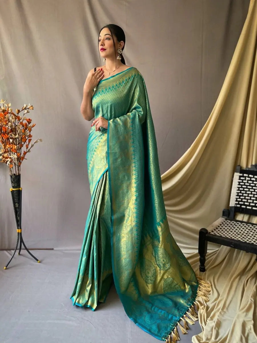 Sea Green Saree in Pure Kanjeevaram Silk - Colorful Saree