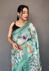 Seafoam Blue Ruhi Tissue Silk Animal Printed Saree - Colorful Saree