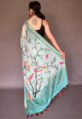 Seafoam Blue Ruhi Tissue Silk Animal Printed Saree - Colorful Saree