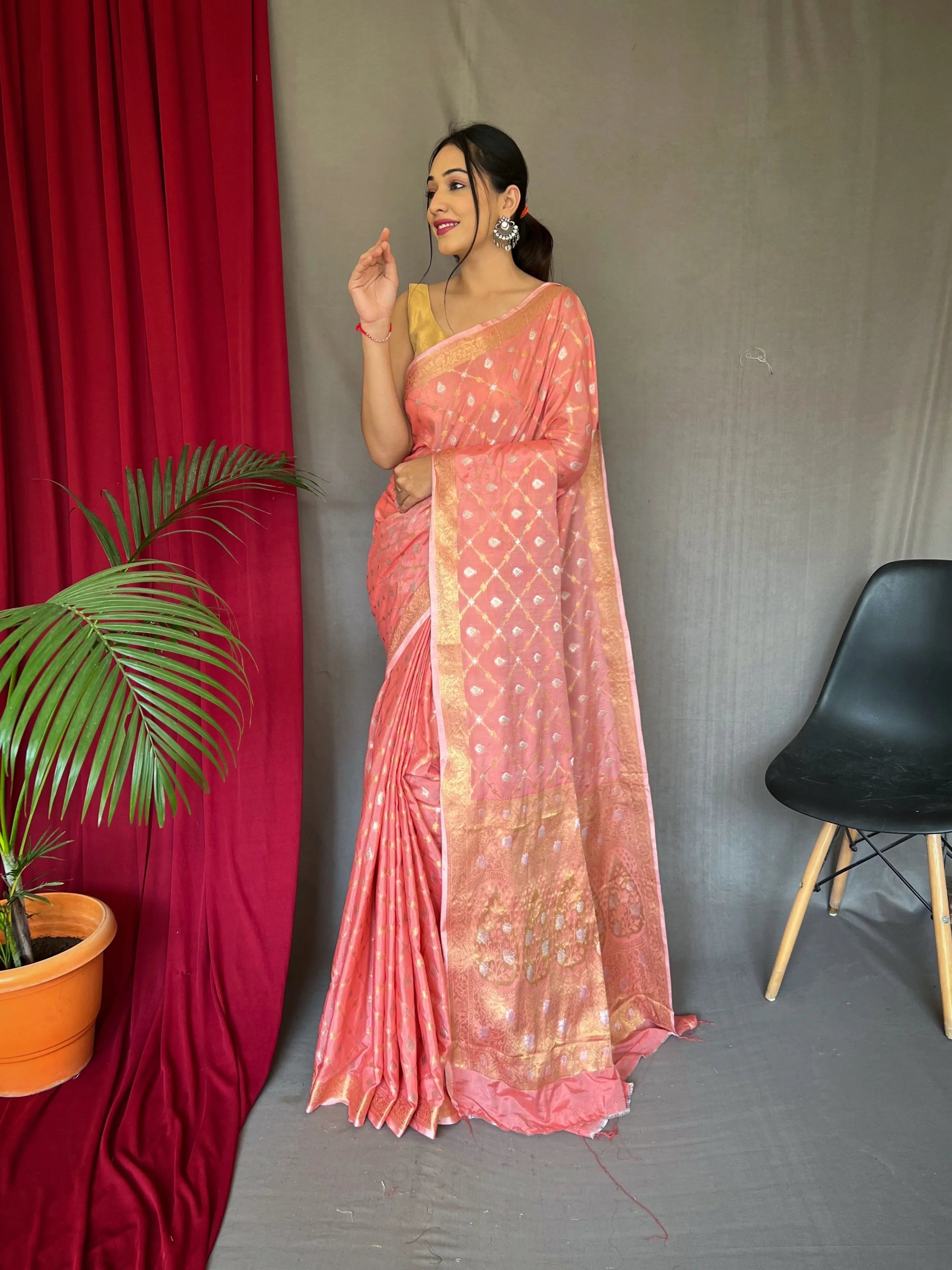 Shangrila Cotton Rose Gold Woven Saree Coral Pink - Colorful Saree