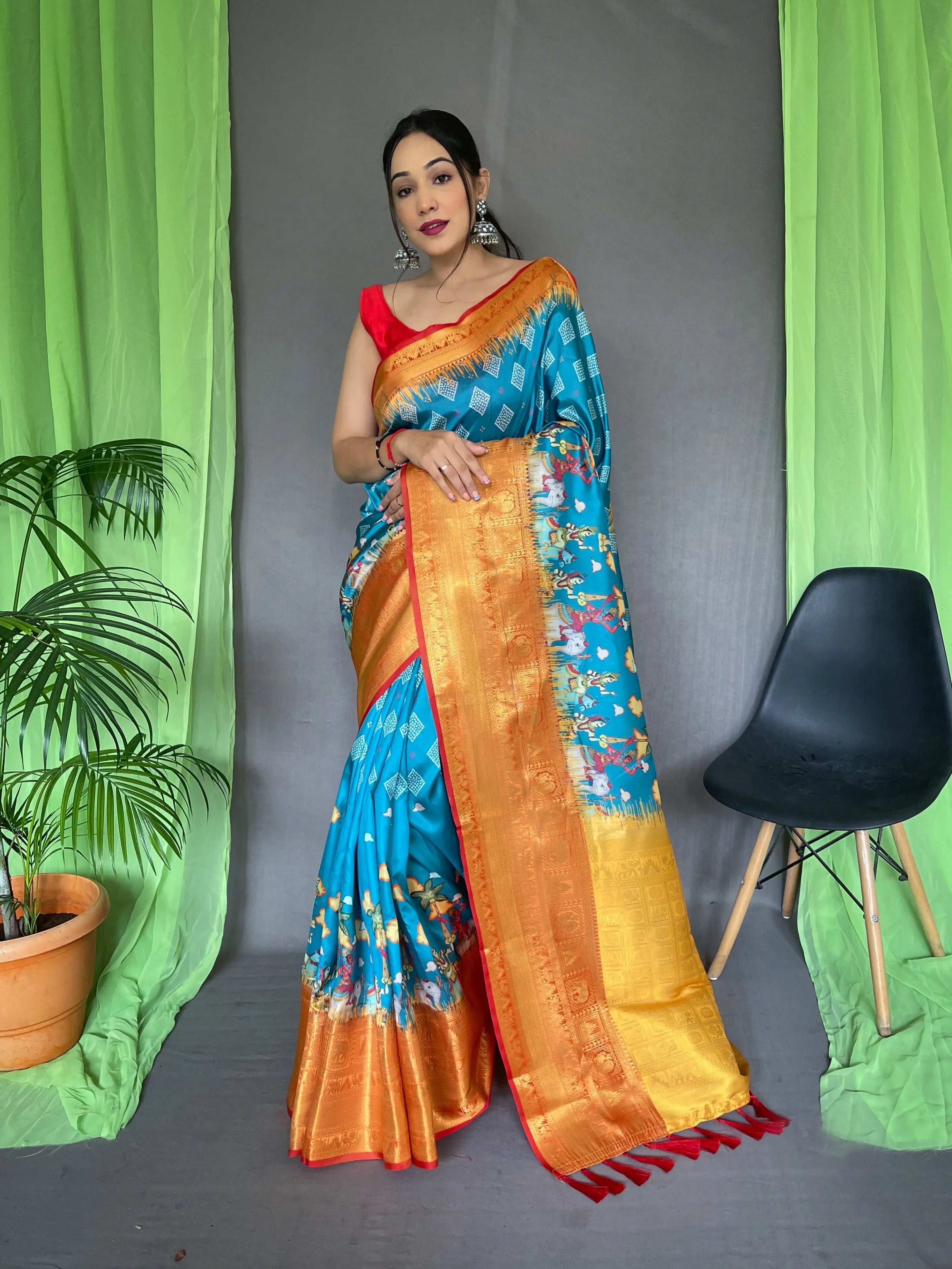 Shrikala Gala Bandhej Kalamkari Printed Woven Saree Eastern Blue - Colorful Saree