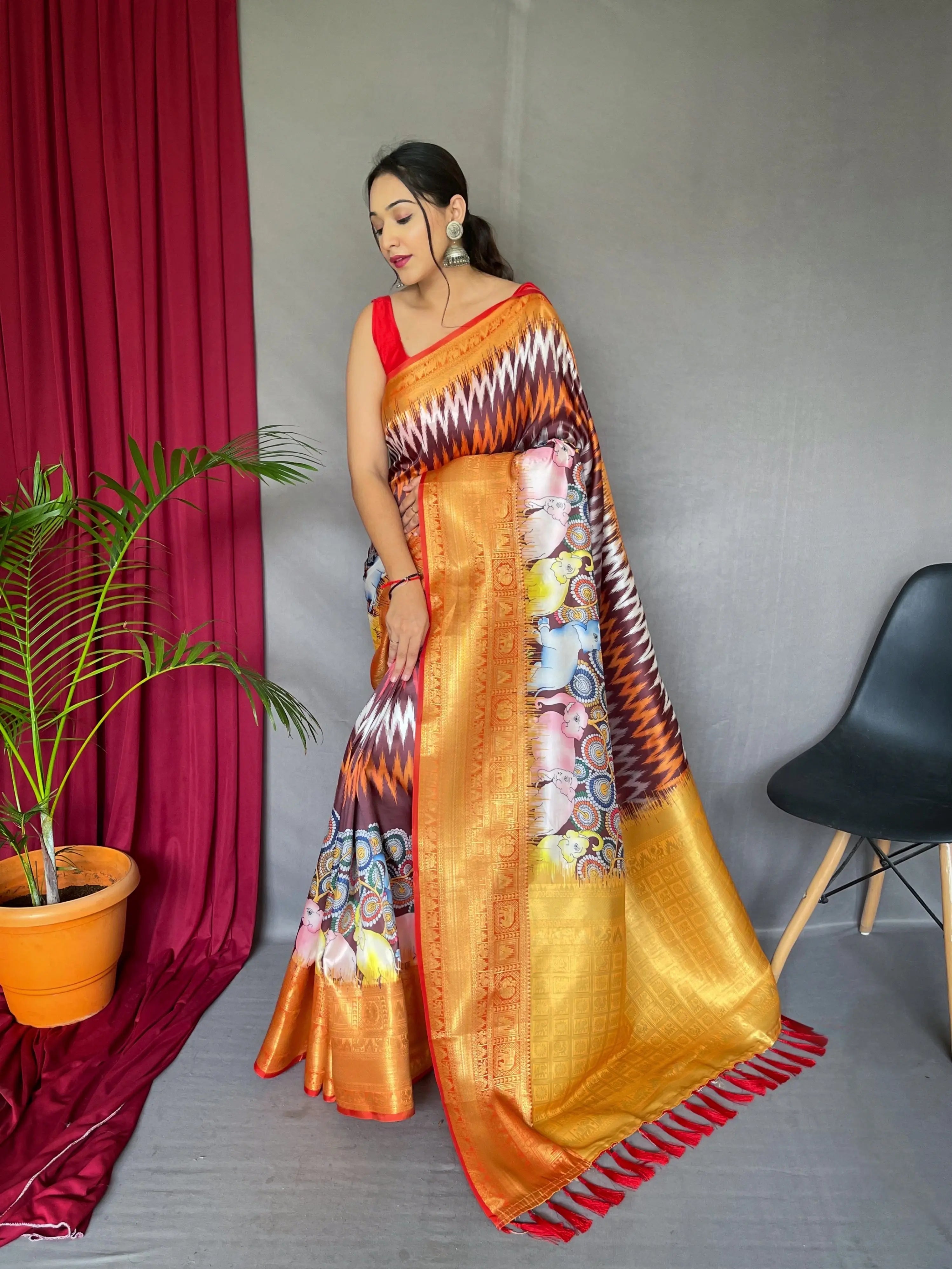 Shrikala Gala Chevron Kalamkari Printed Woven Saree Brown - Colorful Saree