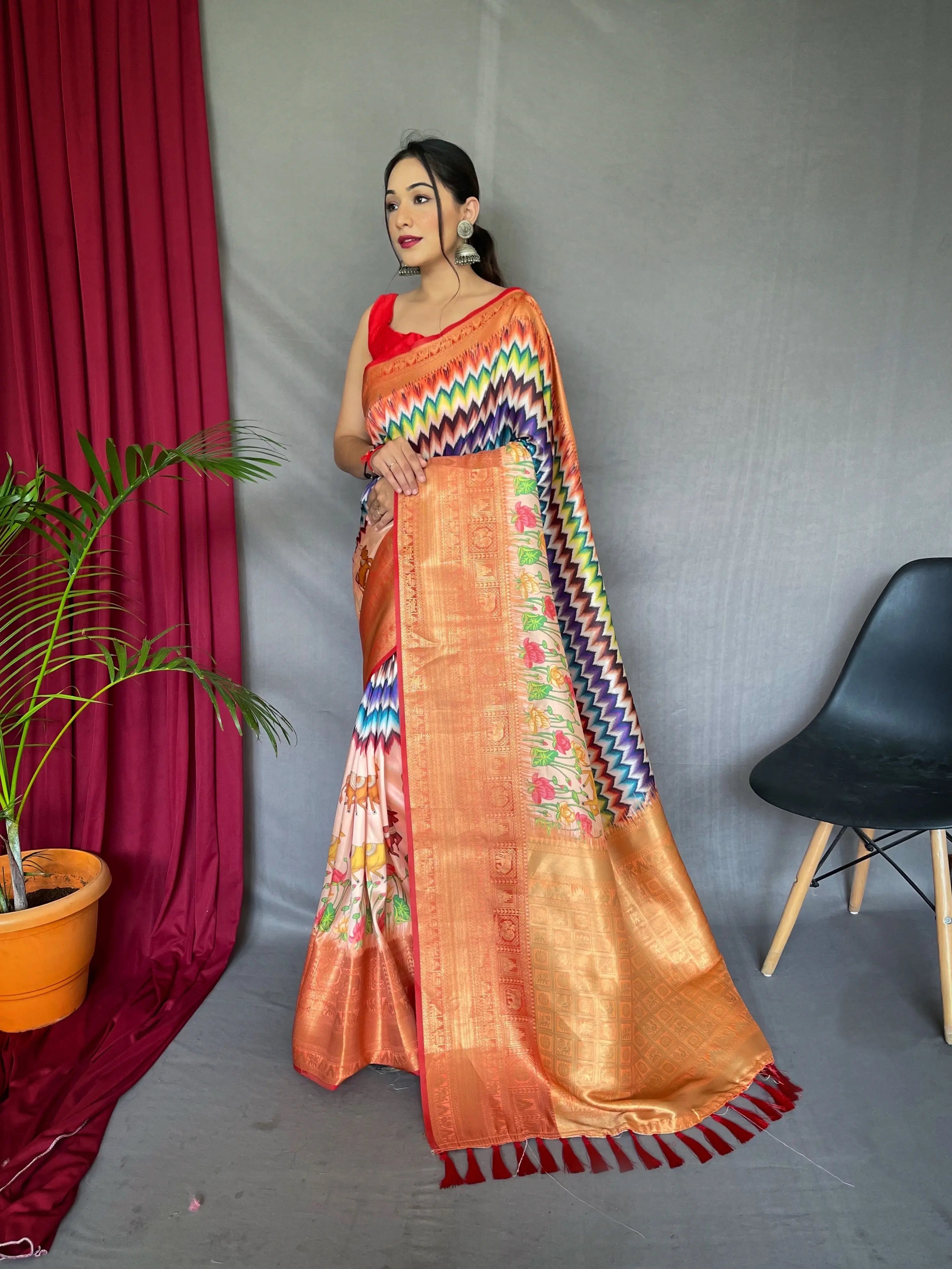 Shrikala Gala Chevron Kalamkari Printed Woven Saree Multicolor - Colorful Saree