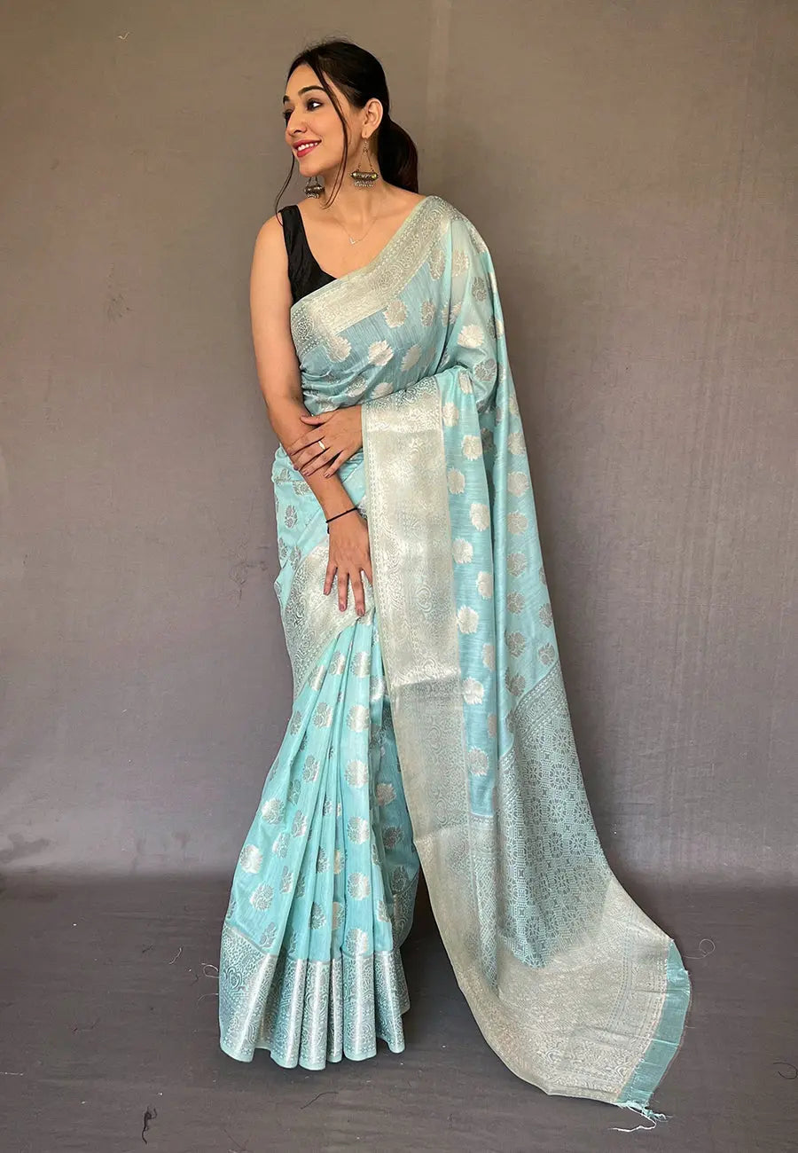 Sky Blue Anandi Cotton Muslin Woven Saree - Colorful Saree