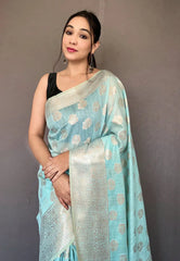 Sky Blue Anandi Cotton Muslin Woven Saree - Colorful Saree