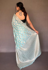 Sky Blue Anandi Cotton Muslin Woven Saree - Colorful Saree