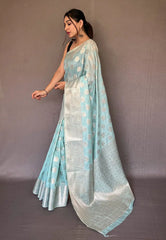 Sky Blue Anandi Cotton Muslin Woven Saree - Colorful Saree