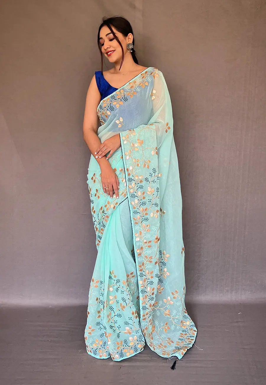 Sky Blue Arya Organza Shimmer Gota Patti Embroidered Saree - Colorful Saree